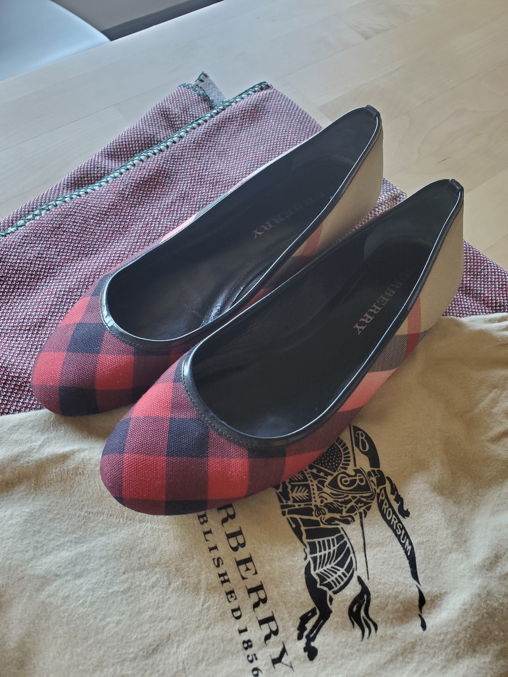 Burberry Red and Black Plaid Ballet Flats